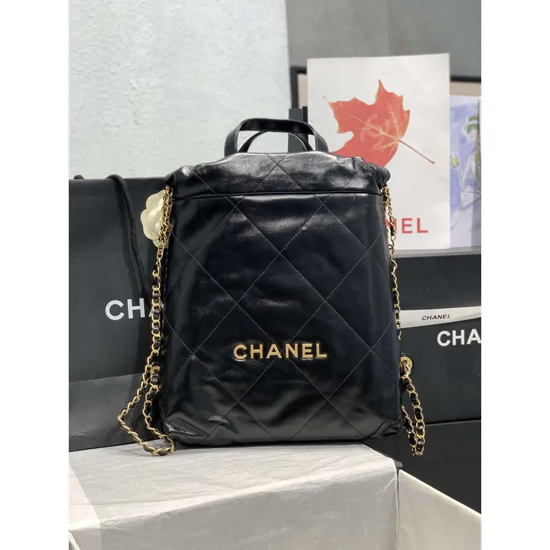 Chanel 22 Backpack AS3859 Shiny Black Calfskin With Gold
