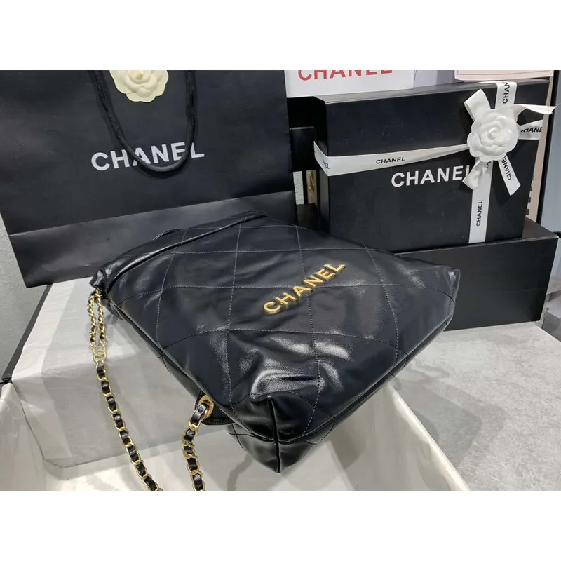 Chanel 22 Backpack AS3859 Shiny Black Calfskin With Gold