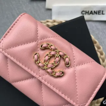 Chanel AP1790 19 flap Card Holder shiny lambskin gold tone ruthenium finish metal Pink