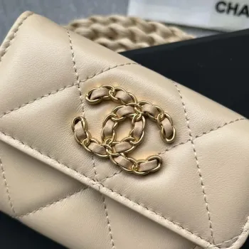 Chanel AP1790 19 flap Card Holder shiny lambskin gold tone ruthenium finish metal Beige