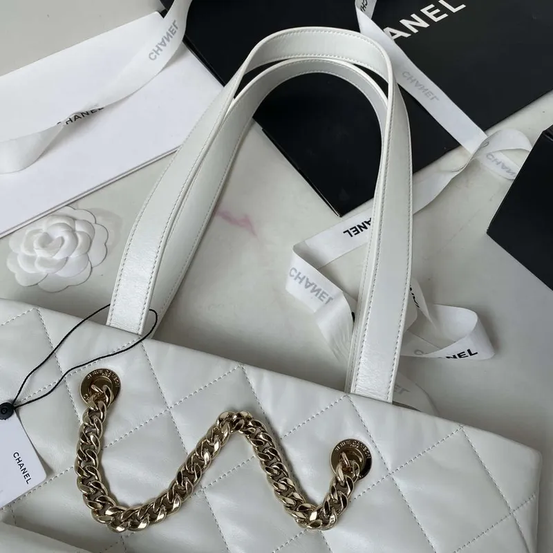 Chanel AS4359 Shopping Bag Shiny Lambskin Gold Metal White