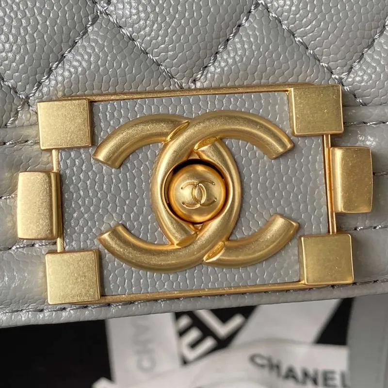 Chanel A94805 Boy Flap Bag With Handle Grained Shiny Calfskin Gold Tone Metal Gray