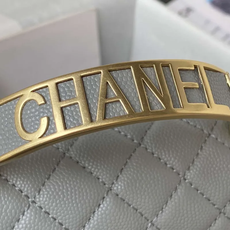 Chanel A94805 Boy Flap Bag With Handle Grained Shiny Calfskin Gold Tone Metal Gray