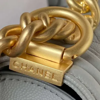 Chanel A94805 Boy Flap Bag With Handle Grained Shiny Calfskin Gold Tone Metal Gray