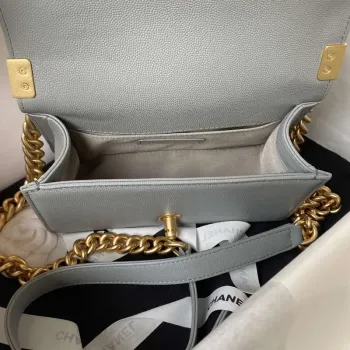 Chanel A94805 Boy Flap Bag With Handle Grained Shiny Calfskin Gold Tone Metal Gray