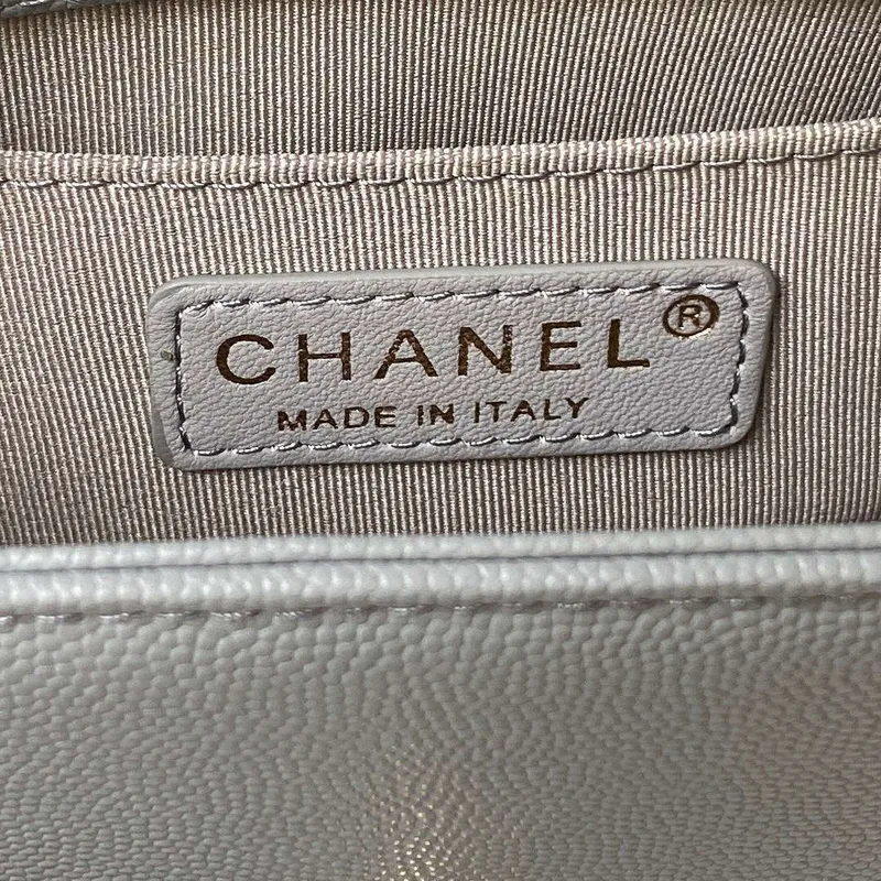 Chanel A94805 Boy Flap Bag With Handle Grained Shiny Calfskin Gold Tone Metal Gray