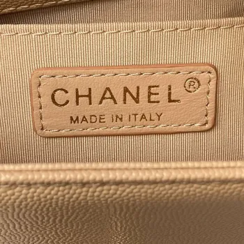 Chanel A94805 Boy Flap Bag With Handle Grained Shiny Calfskin Gold Tone Metal Beige