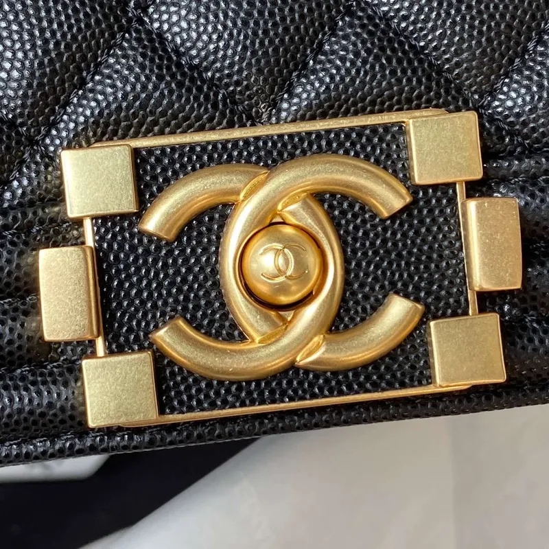 Chanel A94805 Boy Flap Bag With Handle Grained Shiny Calfskin Gold Tone Metal Black