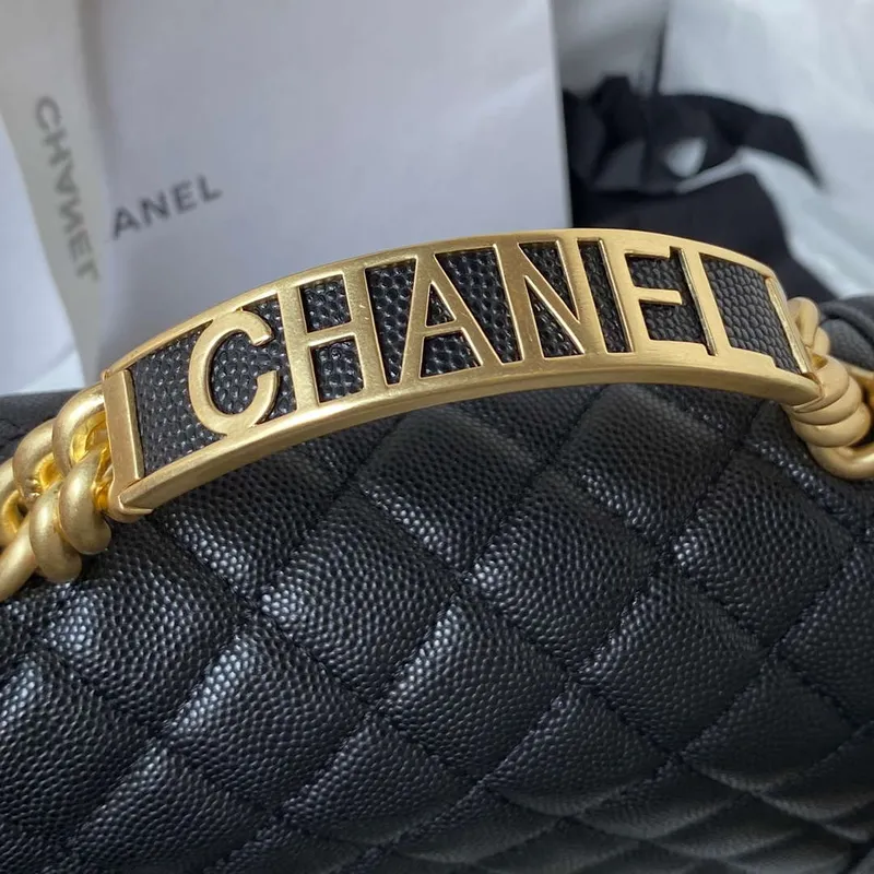 Chanel A94805 Boy Flap Bag With Handle Grained Shiny Calfskin Gold Tone Metal Black
