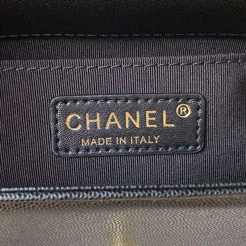 Chanel A94805 Boy Flap Bag With Handle Grained Shiny Calfskin Gold Tone Metal Black