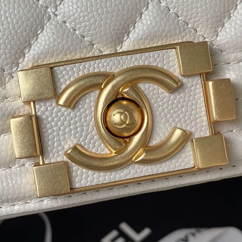 Chanel A94805 Boy Flap Bag With Handle Grained Shiny Calfskin Gold Tone Metal White