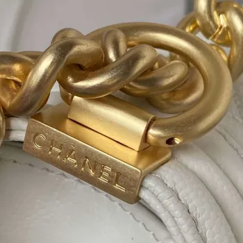 Chanel A94805 Boy Flap Bag With Handle Grained Shiny Calfskin Gold Tone Metal White