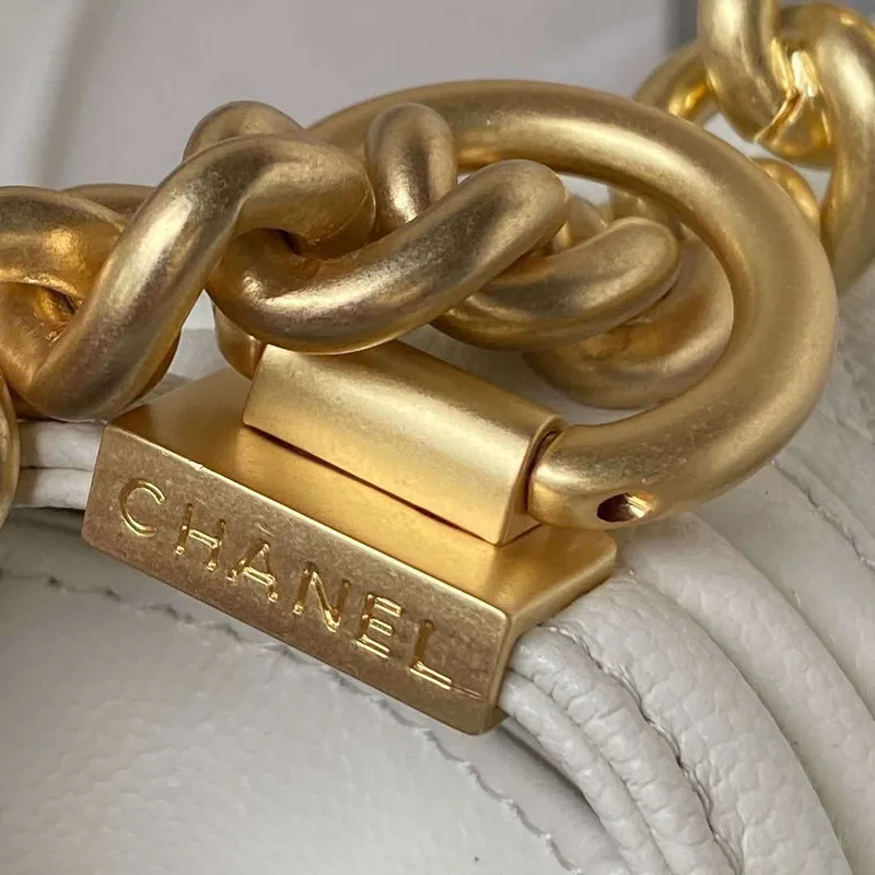 Chanel A94805 Boy Flap Bag With Handle Grained Shiny Calfskin Gold Tone Metal White