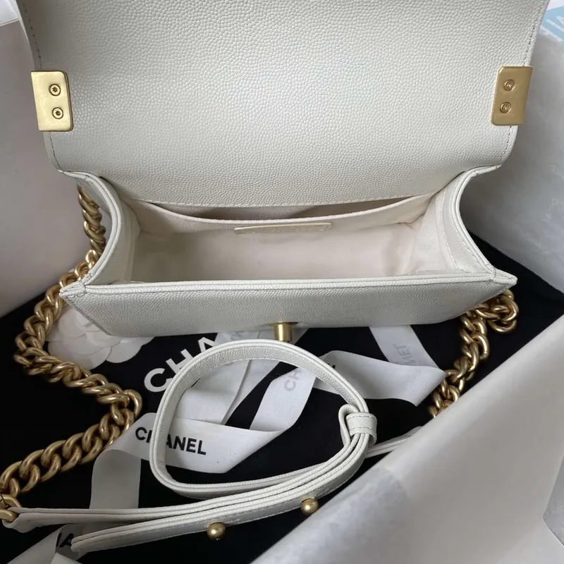 Chanel A94805 Boy Flap Bag With Handle Grained Shiny Calfskin Gold Tone Metal White