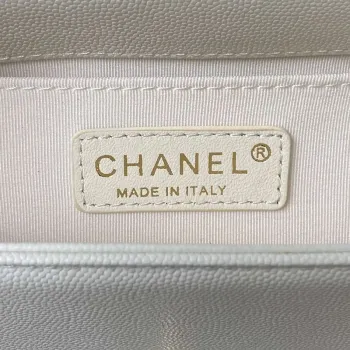 Chanel A94805 Boy Flap Bag With Handle Grained Shiny Calfskin Gold Tone Metal White