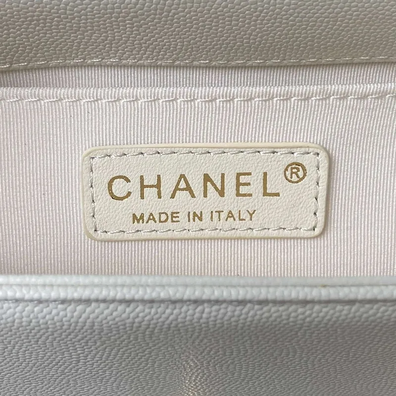 Chanel A94805 Boy Flap Bag With Handle Grained Shiny Calfskin Gold Tone Metal White