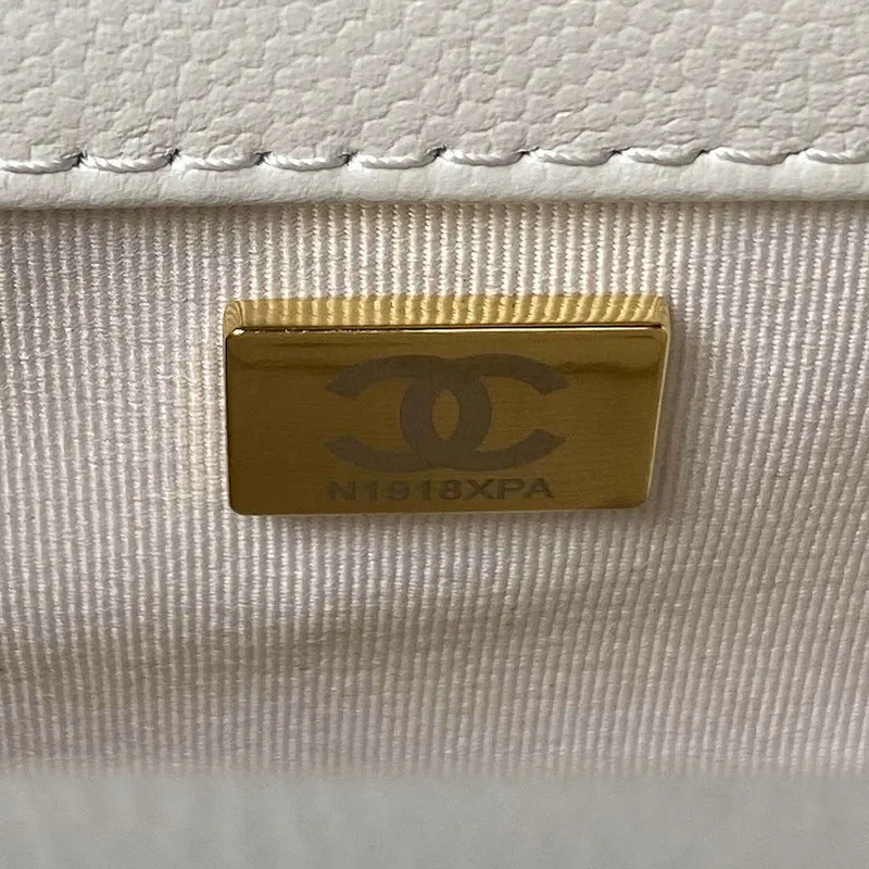 Chanel A94805 Boy Flap Bag With Handle Grained Shiny Calfskin Gold Tone Metal White