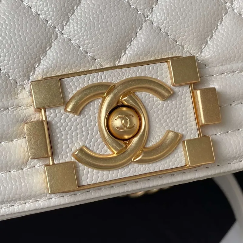 Chanel A94804 Boy Chanel Flap Bag With Handle Grained Shiny Calfskin Gold Tone Metal White