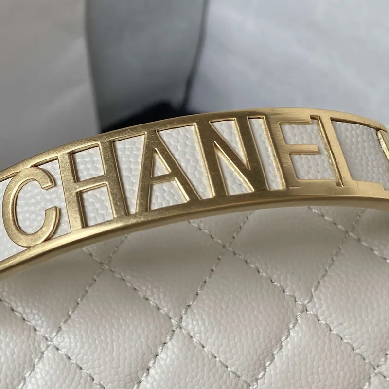 Chanel A94804 Boy Chanel Flap Bag With Handle Grained Shiny Calfskin Gold Tone Metal White