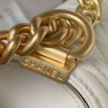 Chanel A94804 Boy Chanel Flap Bag With Handle Grained Shiny Calfskin Gold Tone Metal White