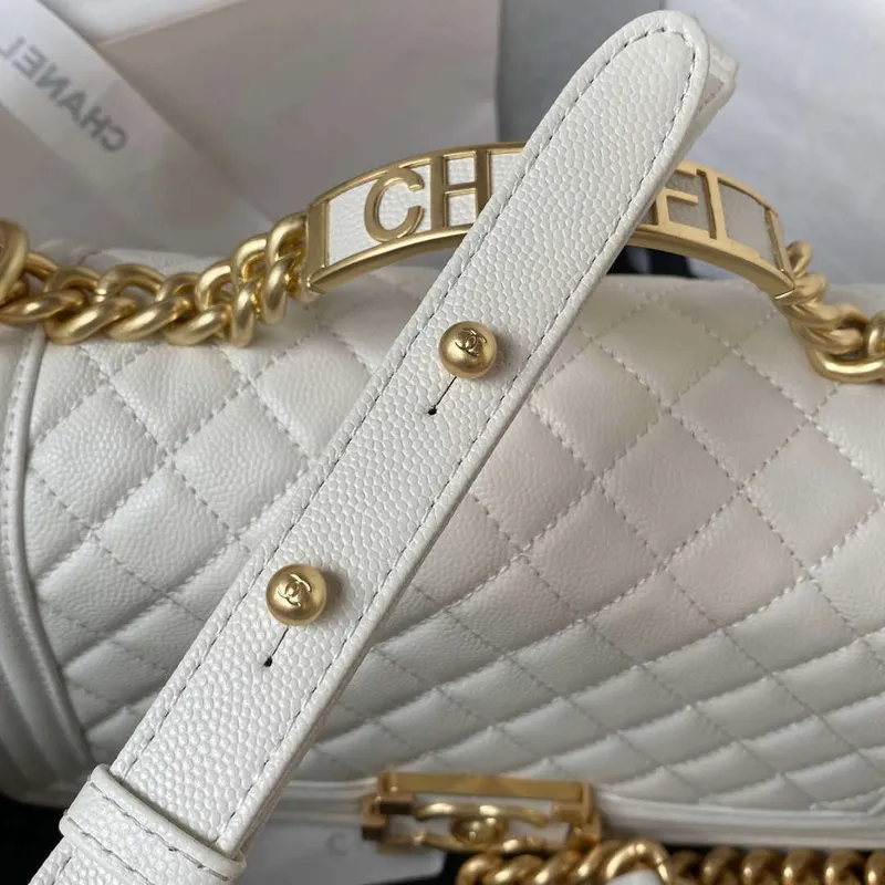Chanel A94804 Boy Chanel Flap Bag With Handle Grained Shiny Calfskin Gold Tone Metal White