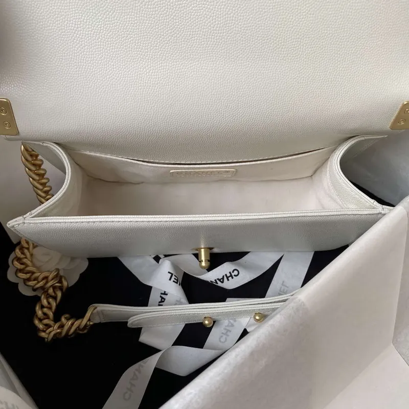 Chanel A94804 Boy Chanel Flap Bag With Handle Grained Shiny Calfskin Gold Tone Metal White