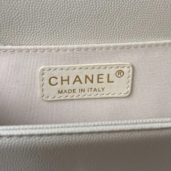 Chanel A94804 Boy Chanel Flap Bag With Handle Grained Shiny Calfskin Gold Tone Metal White