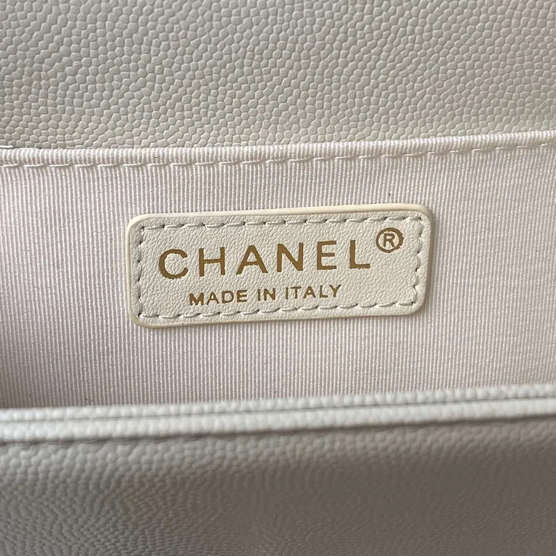 Chanel A94804 Boy Chanel Flap Bag With Handle Grained Shiny Calfskin Gold Tone Metal White