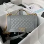 Chanel A94804 Boy Chanel Flap Bag With Handle Grained Shiny Calfskin Gold Tone Metal Gray