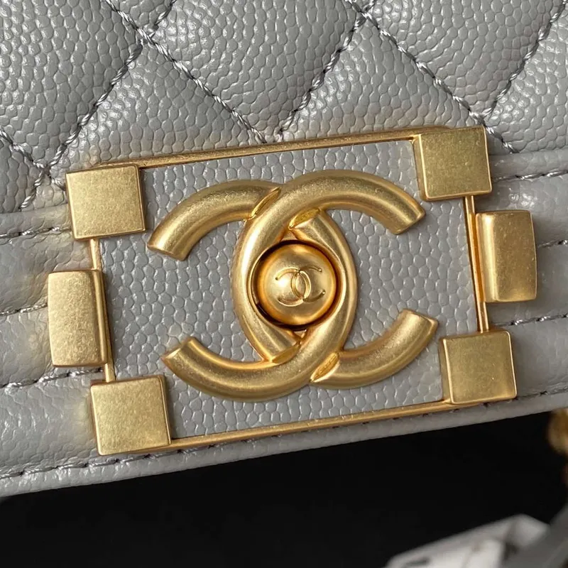 Chanel A94804 Boy Chanel Flap Bag With Handle Grained Shiny Calfskin Gold Tone Metal Gray