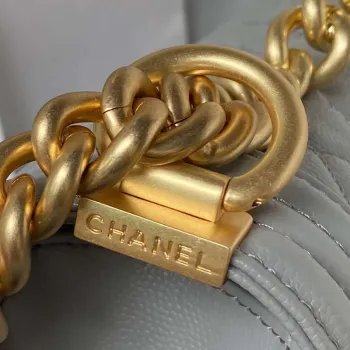 Chanel A94804 Boy Chanel Flap Bag With Handle Grained Shiny Calfskin Gold Tone Metal Gray