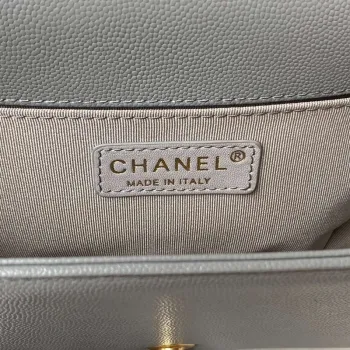 Chanel A94804 Boy Chanel Flap Bag With Handle Grained Shiny Calfskin Gold Tone Metal Gray
