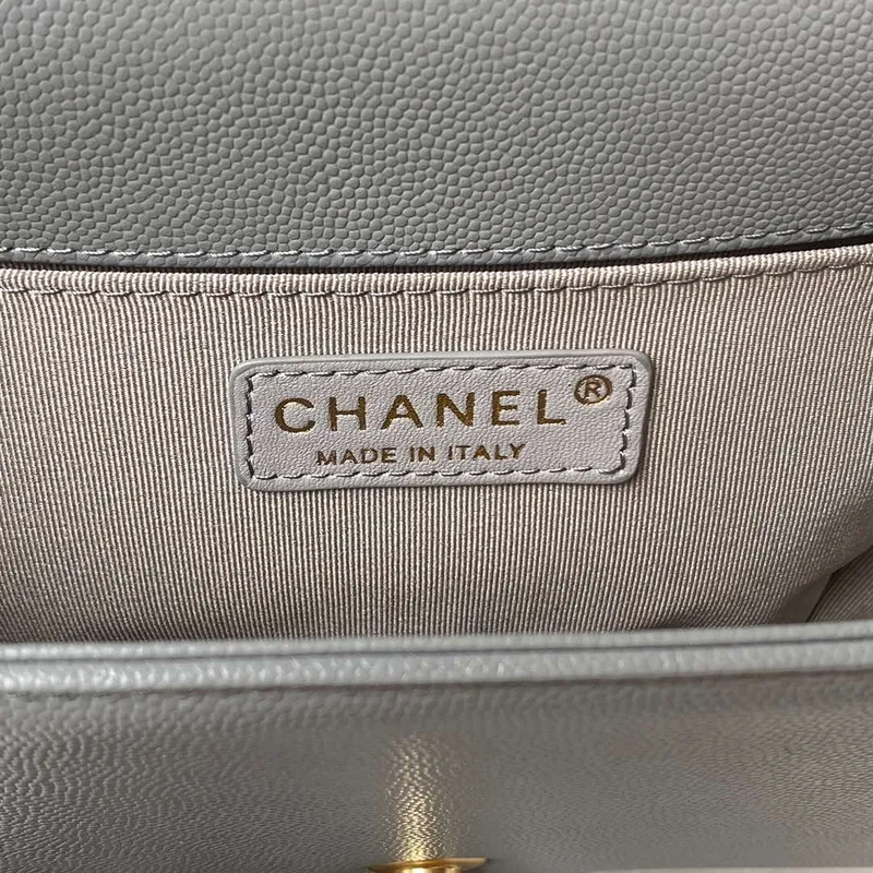 Chanel A94804 Boy Chanel Flap Bag With Handle Grained Shiny Calfskin Gold Tone Metal Gray