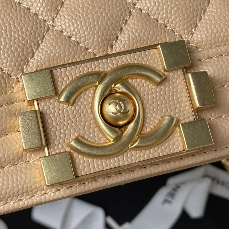 Chanel A94804 Boy Chanel Flap Bag With Handle Grained Shiny Calfskin Gold Tone Metal Beige