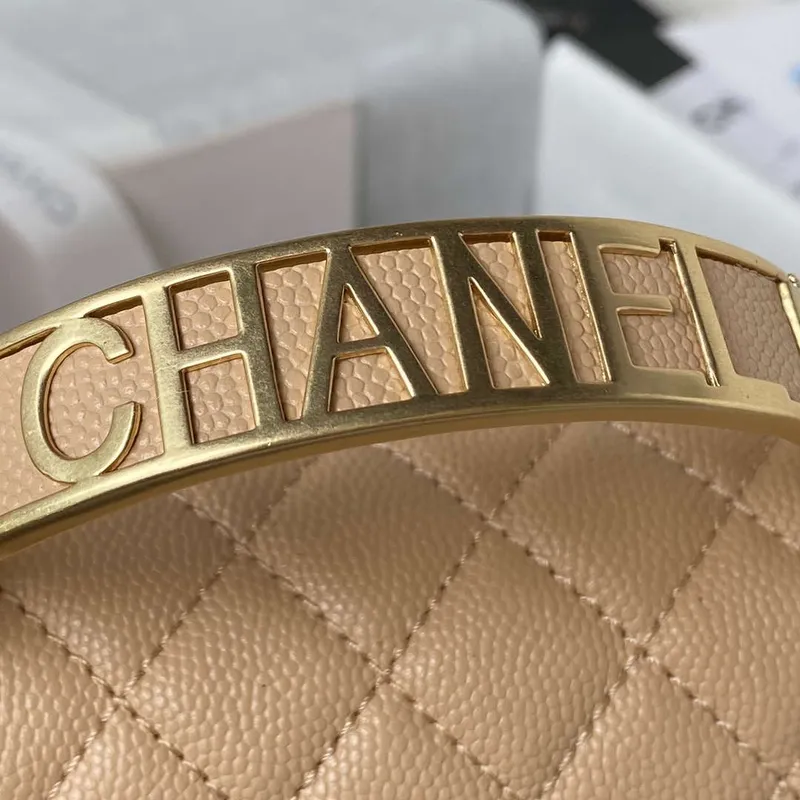 Chanel A94804 Boy Chanel Flap Bag With Handle Grained Shiny Calfskin Gold Tone Metal Beige