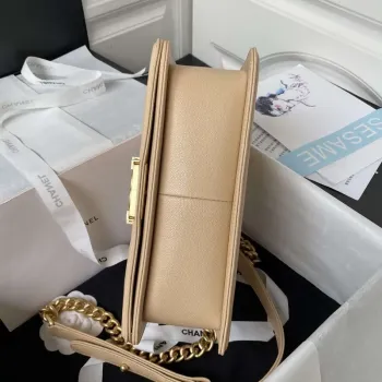 Chanel A94804 Boy Chanel Flap Bag With Handle Grained Shiny Calfskin Gold Tone Metal Beige