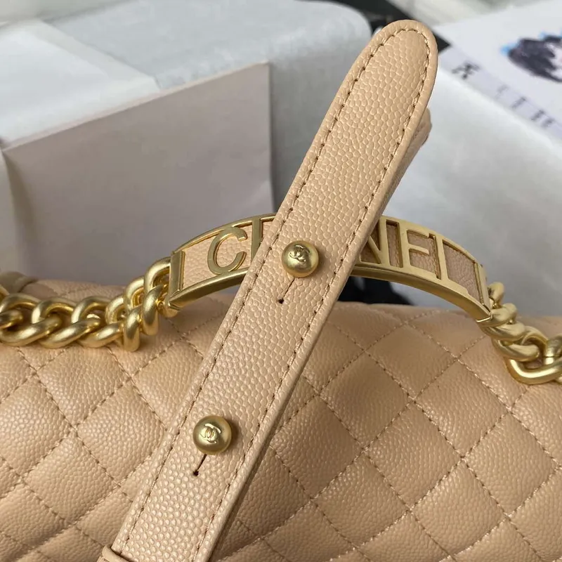 Chanel A94804 Boy Chanel Flap Bag With Handle Grained Shiny Calfskin Gold Tone Metal Beige