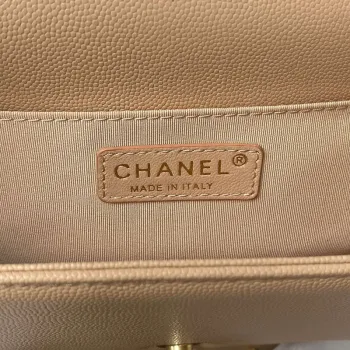 Chanel A94804 Boy Chanel Flap Bag With Handle Grained Shiny Calfskin Gold Tone Metal Beige