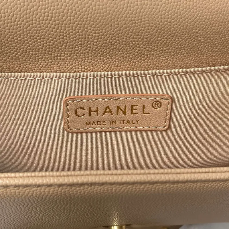 Chanel A94804 Boy Chanel Flap Bag With Handle Grained Shiny Calfskin Gold Tone Metal Beige