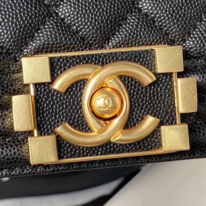 Chanel A94804 Boy Chanel Flap Bag With Handle Grained Shiny Calfskin Gold Tone Metal Black
