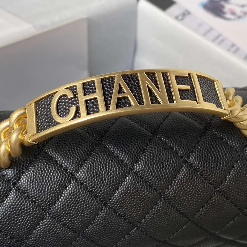 Chanel A94804 Boy Chanel Flap Bag With Handle Grained Shiny Calfskin Gold Tone Metal Black