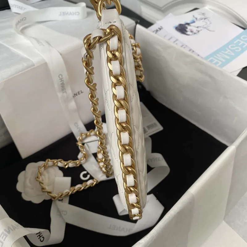 Chanel AS4368 Large HOBO Bag Shiny Crumpled Lambskin & Gold Tone Metal White