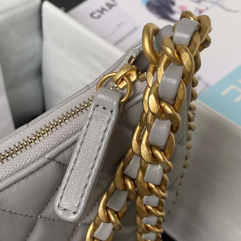 Chanel AS4368 Large HOBO Bag Shiny Crumpled Lambskin & Gold Tone Metal Gray