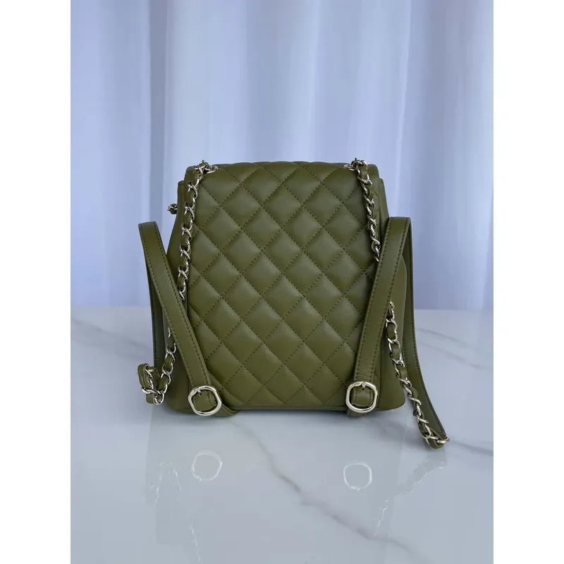 Chanel AS3860 Backpack Shiny Lambskin Gold Dark Green