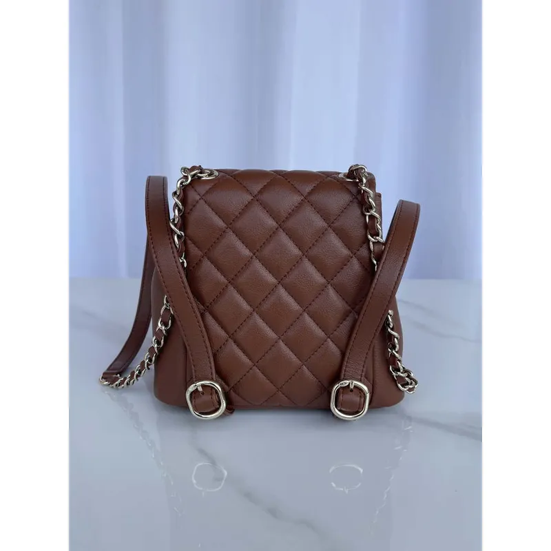 Chanel AS3860 Backpack Shiny Lambskin Gold Brown