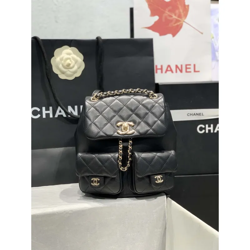 Chanel AS3860 Backpack Shiny Lambskin Gold Black