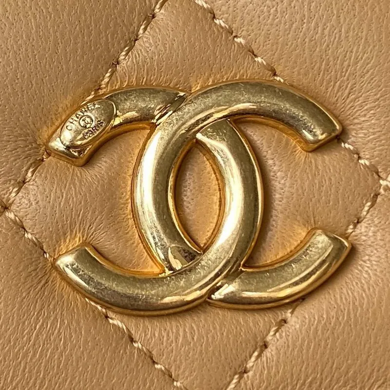 Chanel AP3512 Flap Phone Holder With Chain Lambskin Imitation Pearls Enamel & Gold Aprocot