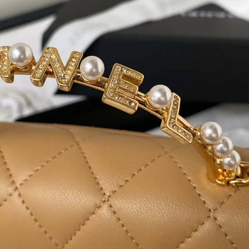 Chanel AP3512 Flap Phone Holder With Chain Lambskin Imitation Pearls Enamel & Gold Aprocot