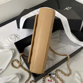 Chanel AP3512 Flap Phone Holder With Chain Lambskin Imitation Pearls Enamel & Gold Aprocot