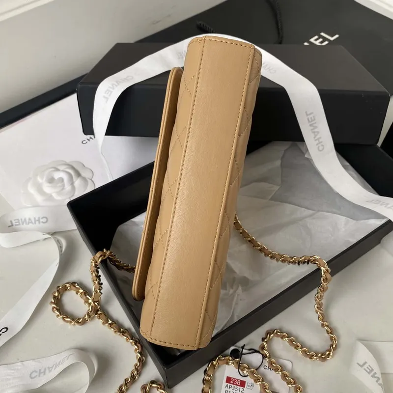 Chanel AP3512 Flap Phone Holder With Chain Lambskin Imitation Pearls Enamel & Gold Aprocot